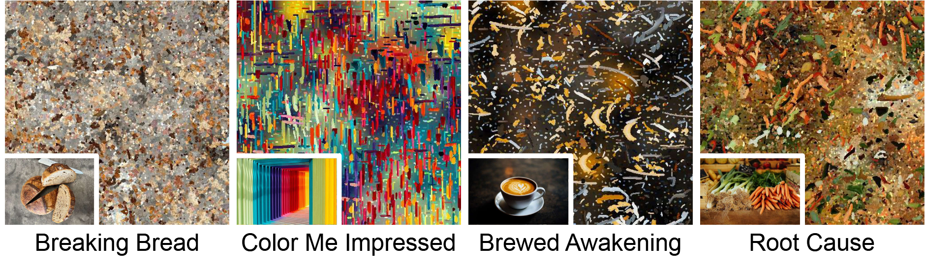 Four results of our algorithm with their exemplar