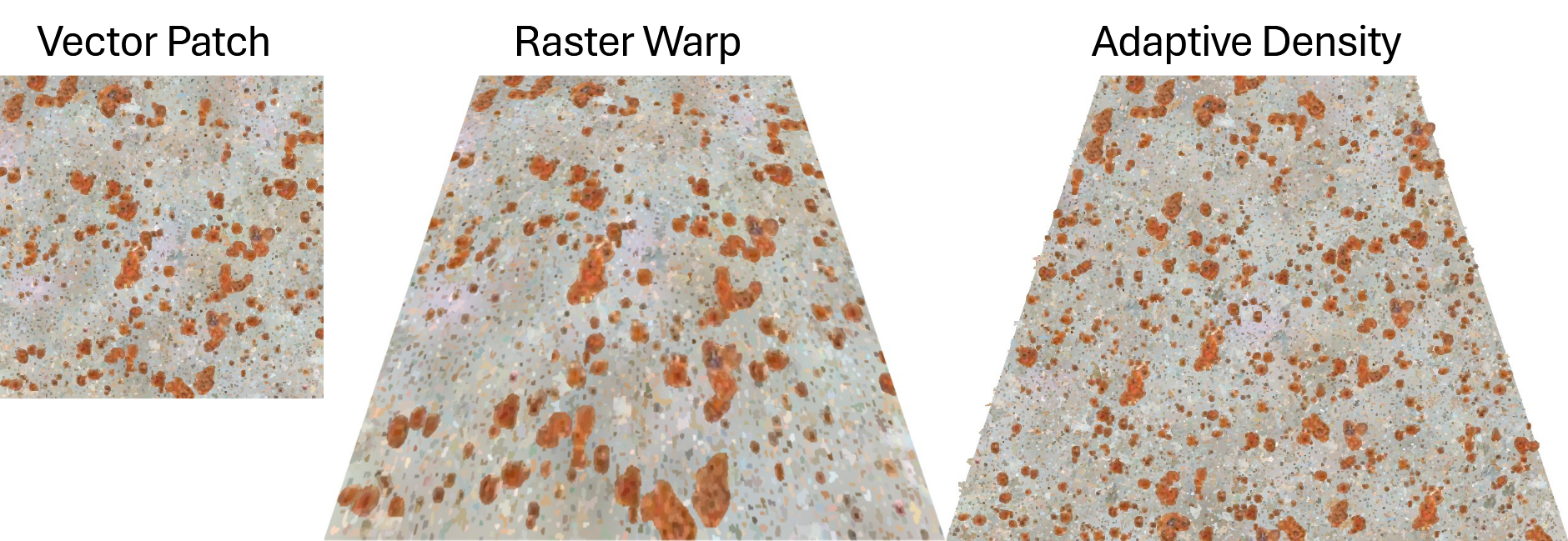 Effect of domain warps. Left: original texture; middle: warped raster; right: adaptive density.