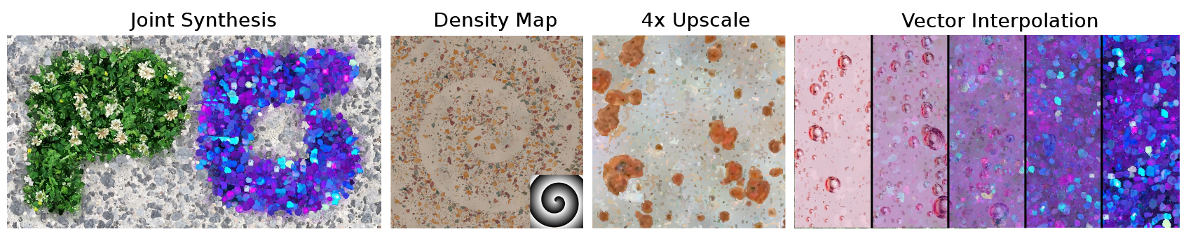 Some editing operations that are easy to perform given vector textons, but would be more difficult on a raster image.